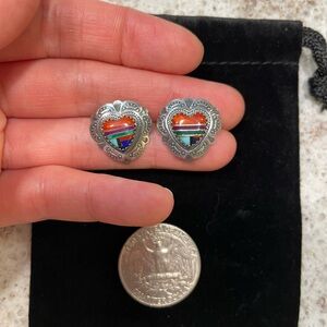 Vintage Carolyn Pollack Zuni Heart Inlay Sterling Silver Earrings